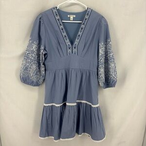 Versona Blue Embroidered Cotton Boho Dress Puff Sleeve Tiered Women’s Medium